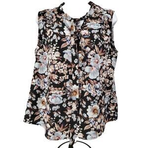 Daily Thread Womens Sleeveless Pullover Blouse Tie V Neck Black Floral Size M